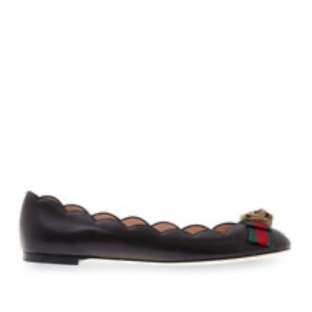 Gucci Sylvie Web & Feline Scalloped Ballet Flats 36.5 navy blue - Picture 2 of 7